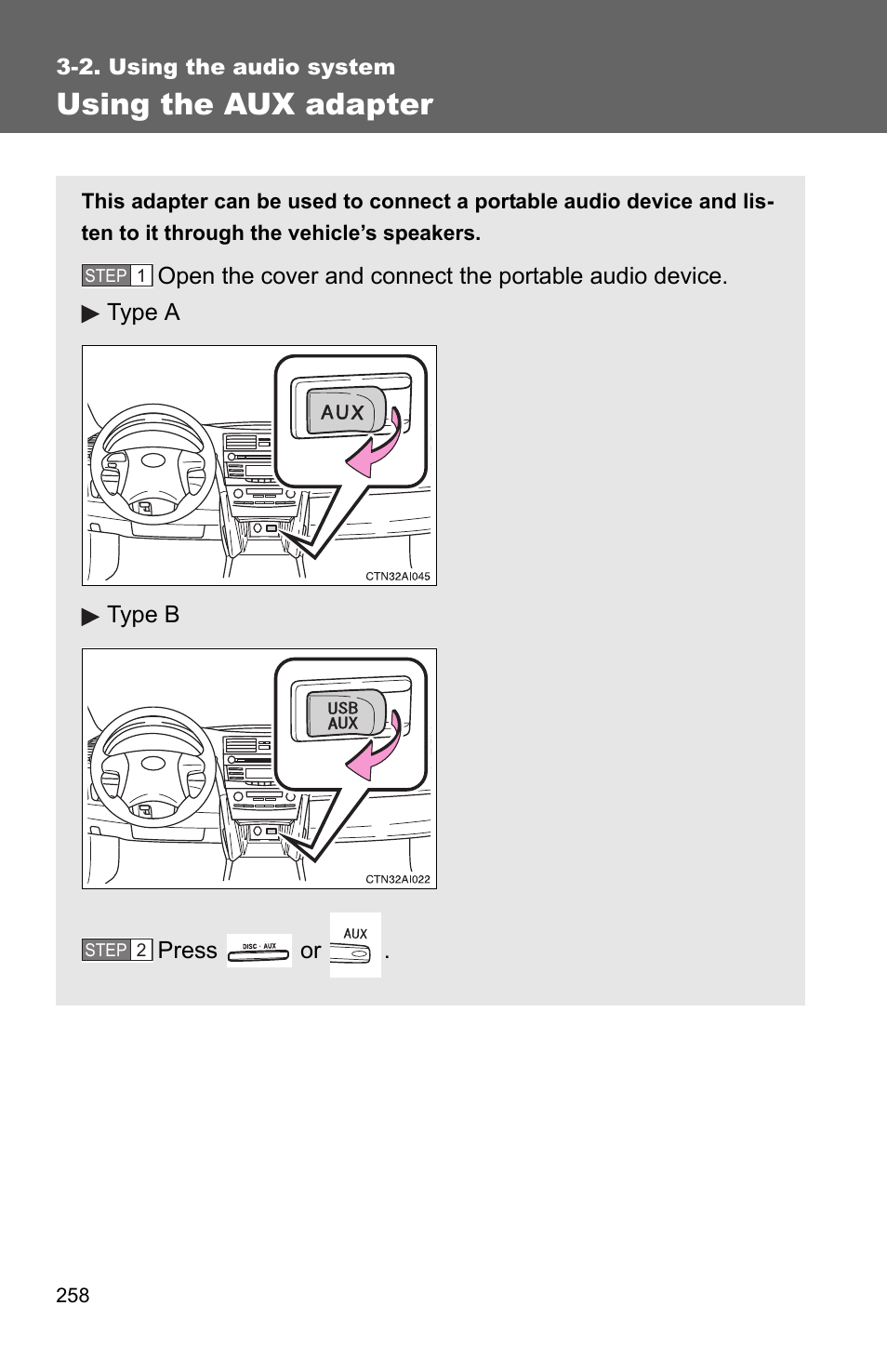 P. 258, Using the aux adapter | TOYOTA 2010 Camry User Manual | Page 283 / 555