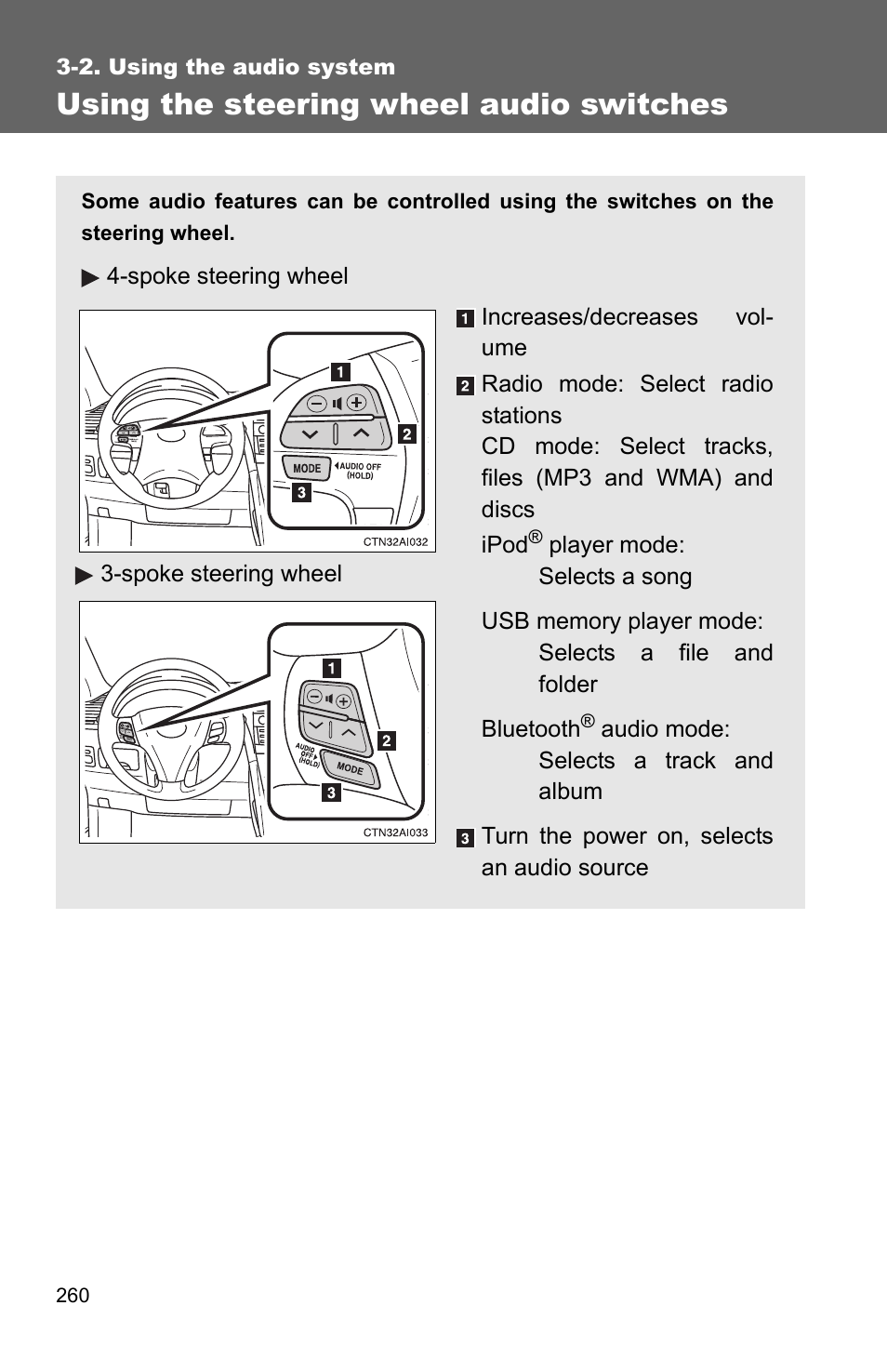 P. 260, Using the steering wheel audio switches | TOYOTA 2010 Camry User Manual | Page 285 / 555