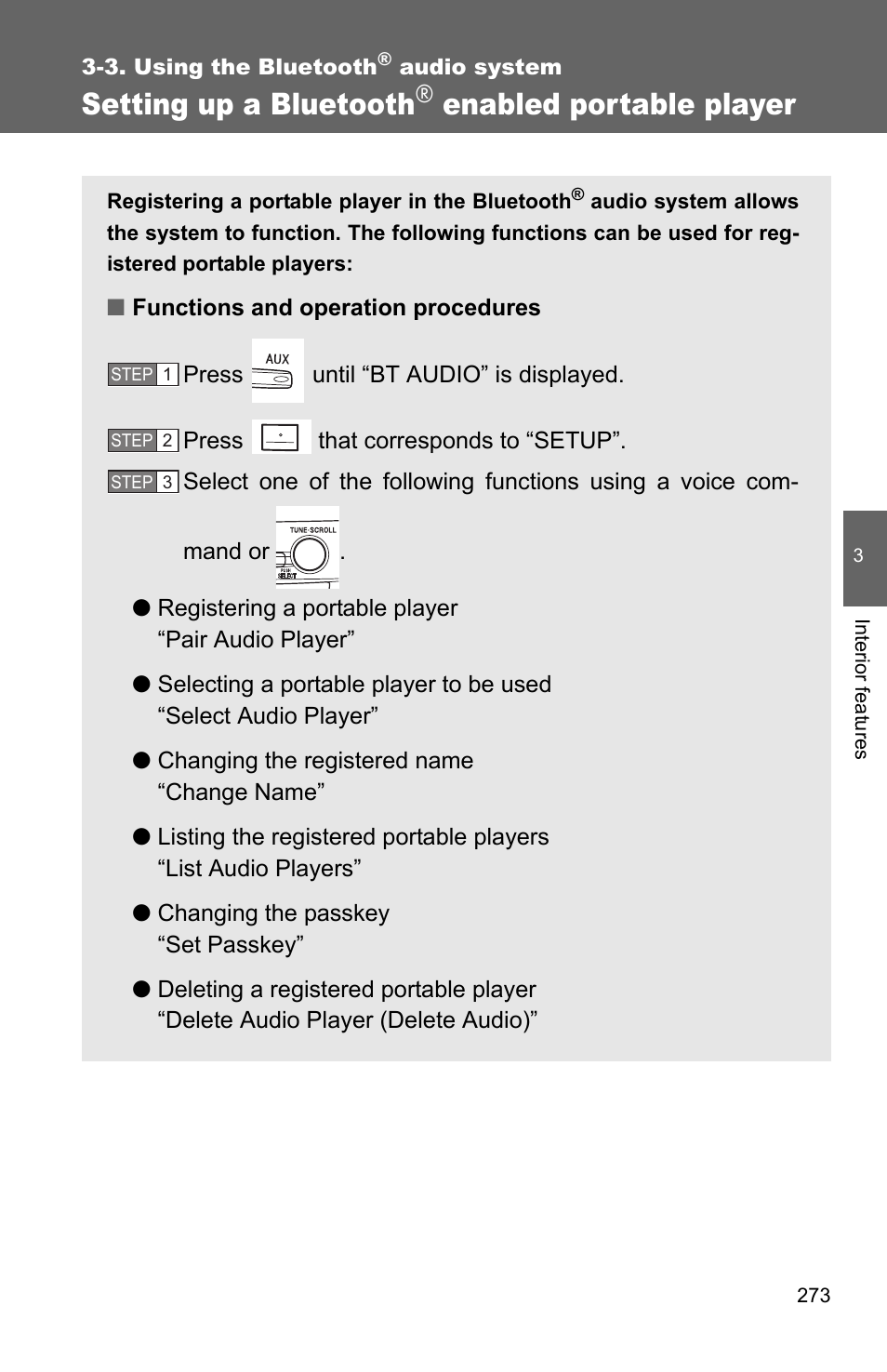 P. 273, Setting up a bluetooth, Enabled portable player | TOYOTA 2010 Camry User Manual | Page 298 / 555