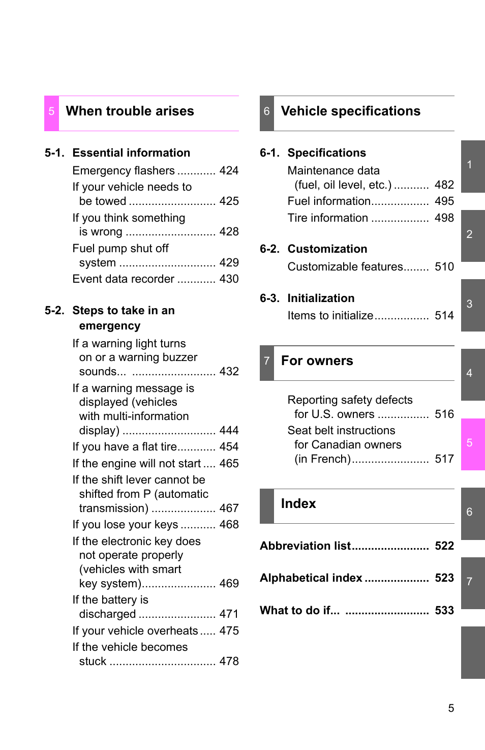 When trouble arises, Vehicle specifications, For owners index | TOYOTA 2010 Camry User Manual | Page 31 / 555