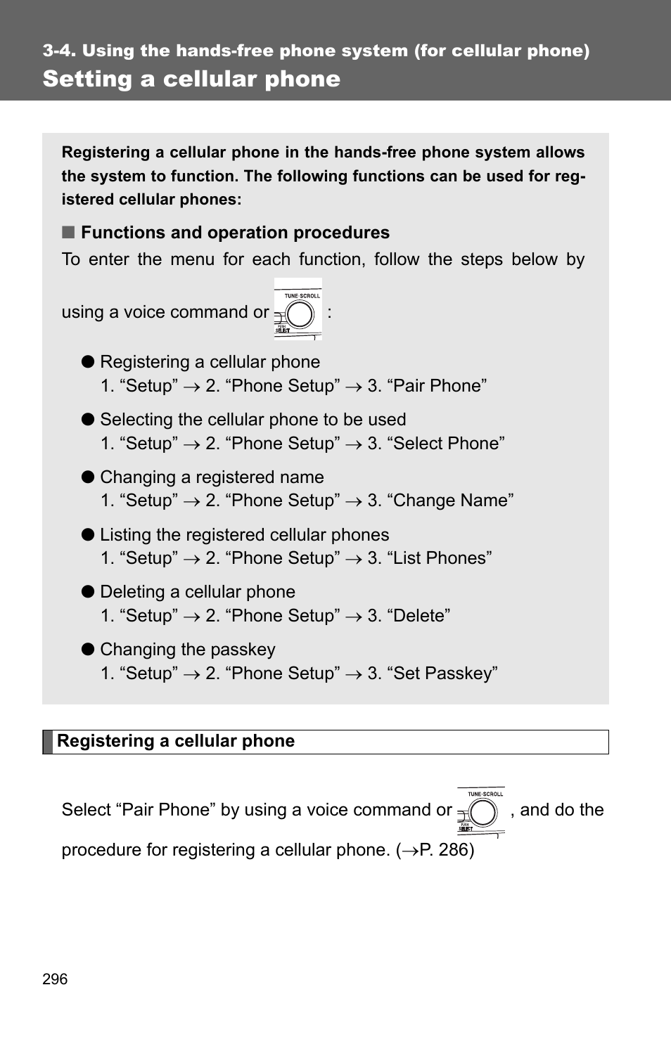 P. 296, Setting a cellular phone | TOYOTA 2010 Camry User Manual | Page 321 / 555