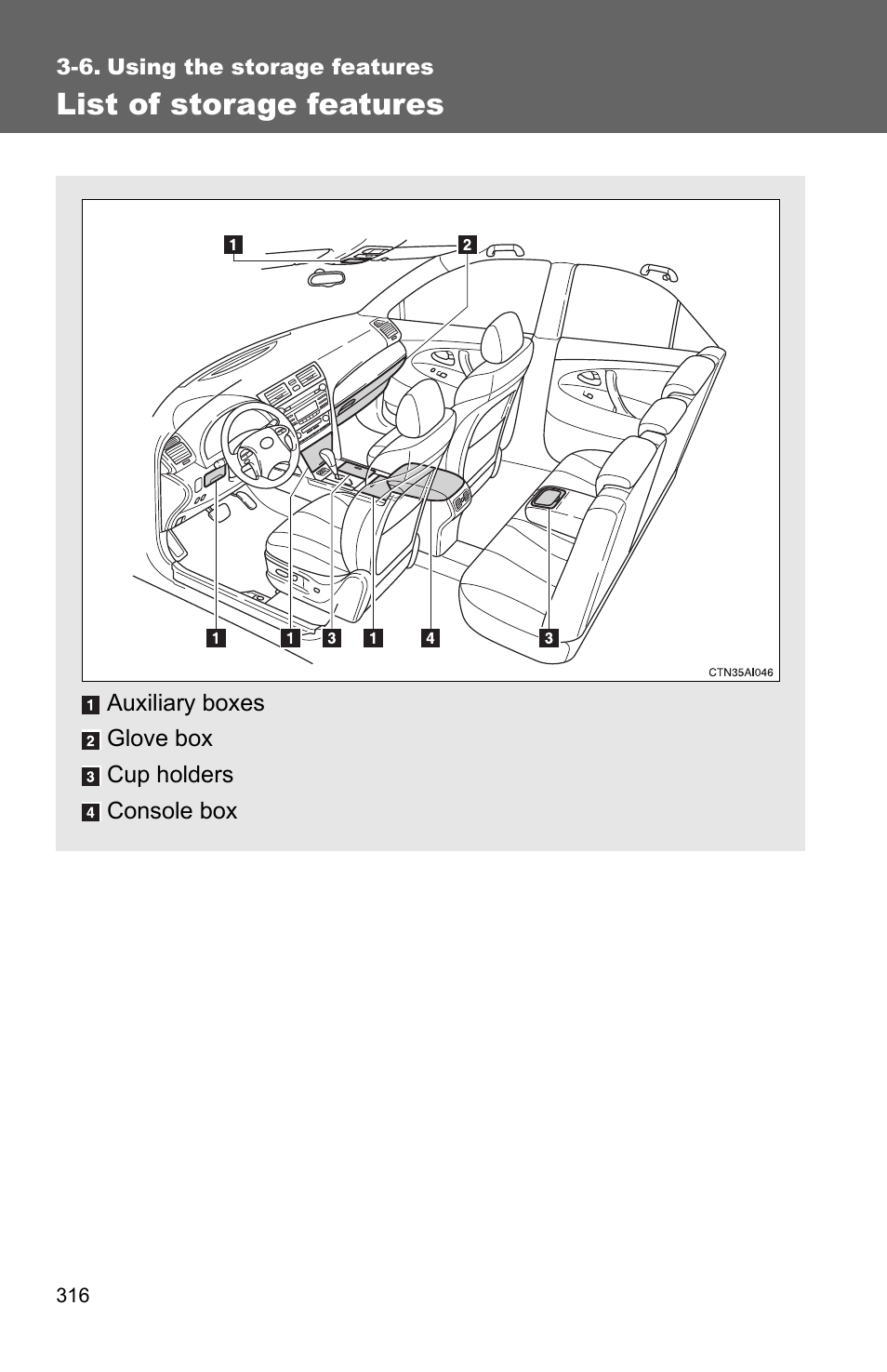 List of storage features | TOYOTA 2010 Camry User Manual | Page 341 / 555