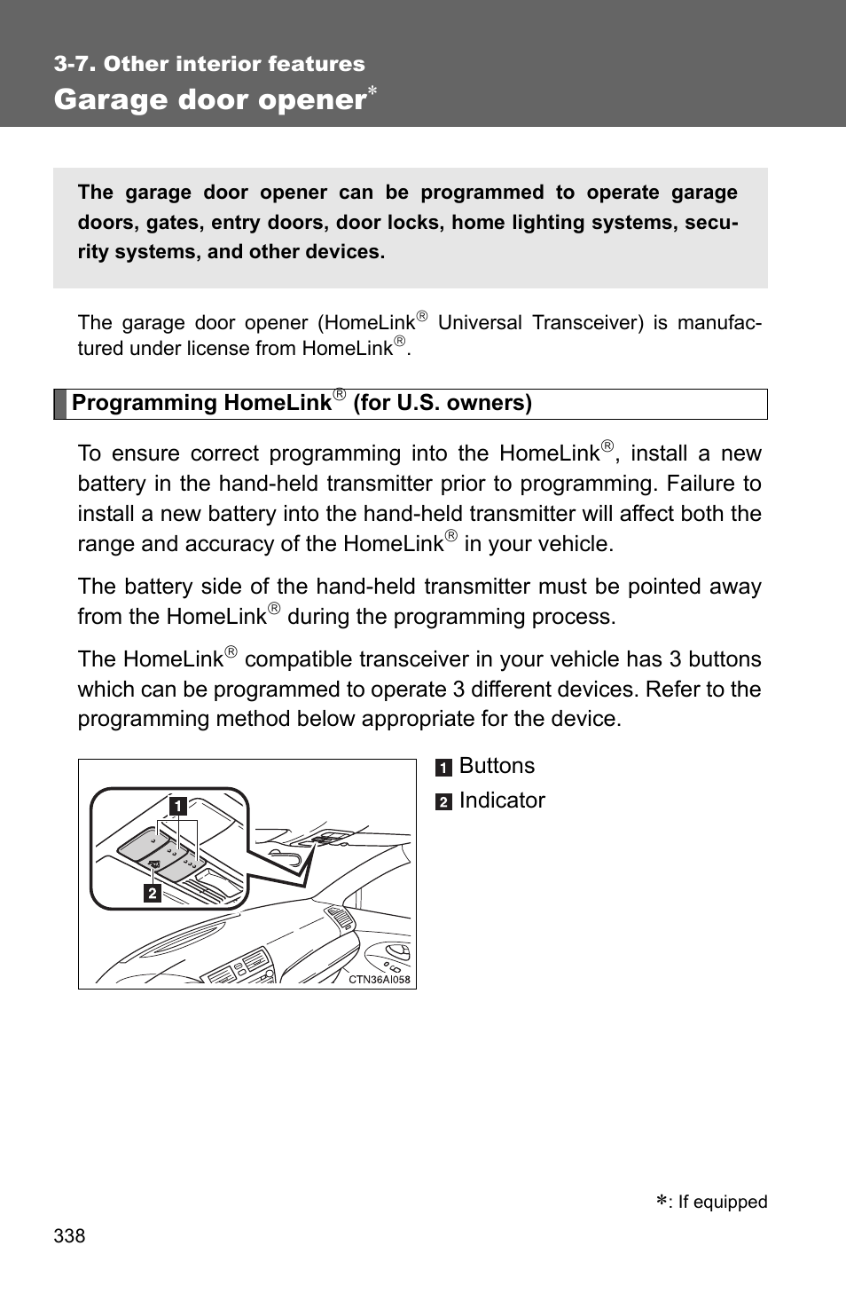 Garage door opener | TOYOTA 2010 Camry User Manual | Page 363 / 555