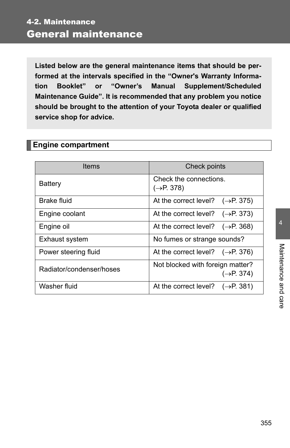 General maintenance | TOYOTA 2010 Camry User Manual | Page 379 / 555