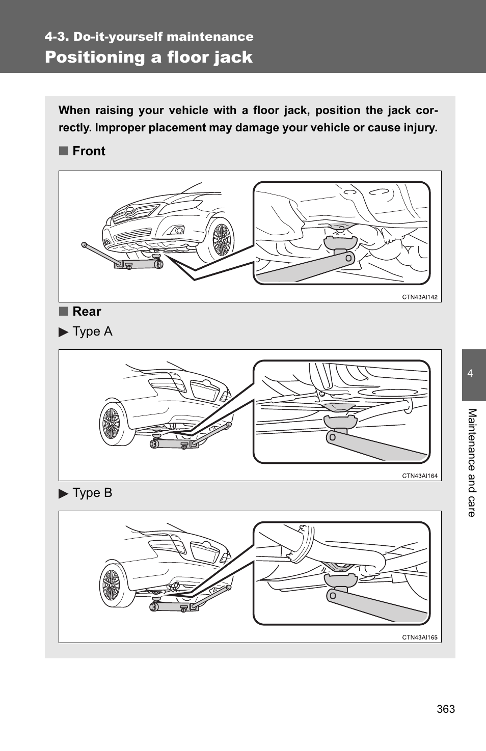 Positioning a floor jack | TOYOTA 2010 Camry User Manual | Page 387 / 555