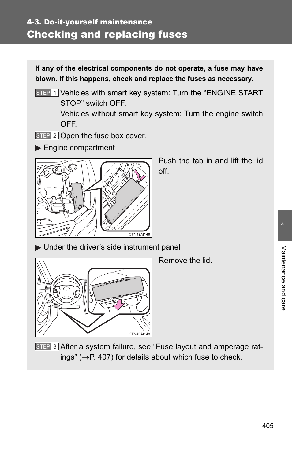 P. 405), P. 405, Checking and replacing fuses | TOYOTA 2010 Camry User Manual | Page 429 / 555