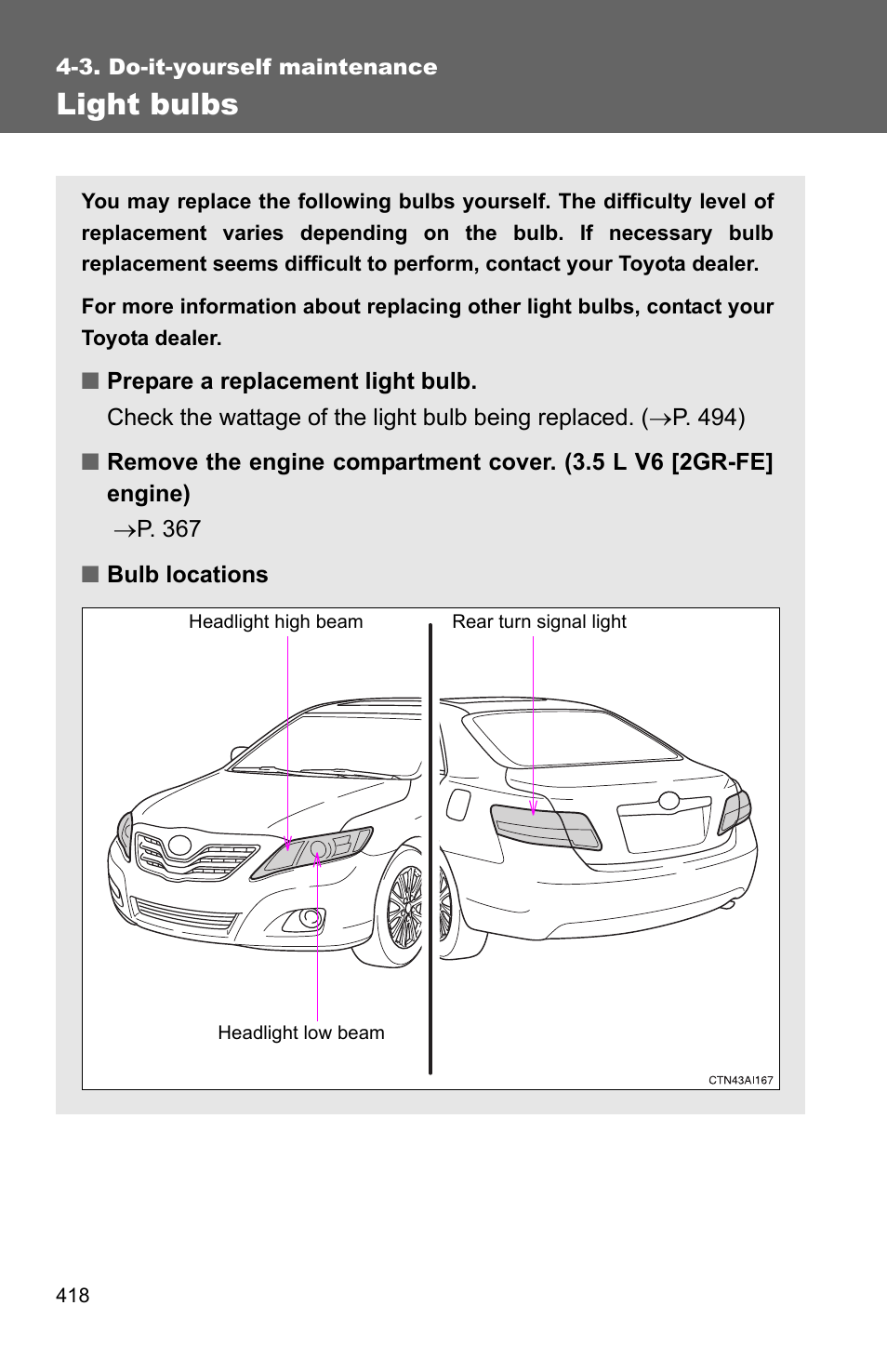 P. 418), Light bulbs | TOYOTA 2010 Camry User Manual | Page 442 / 555