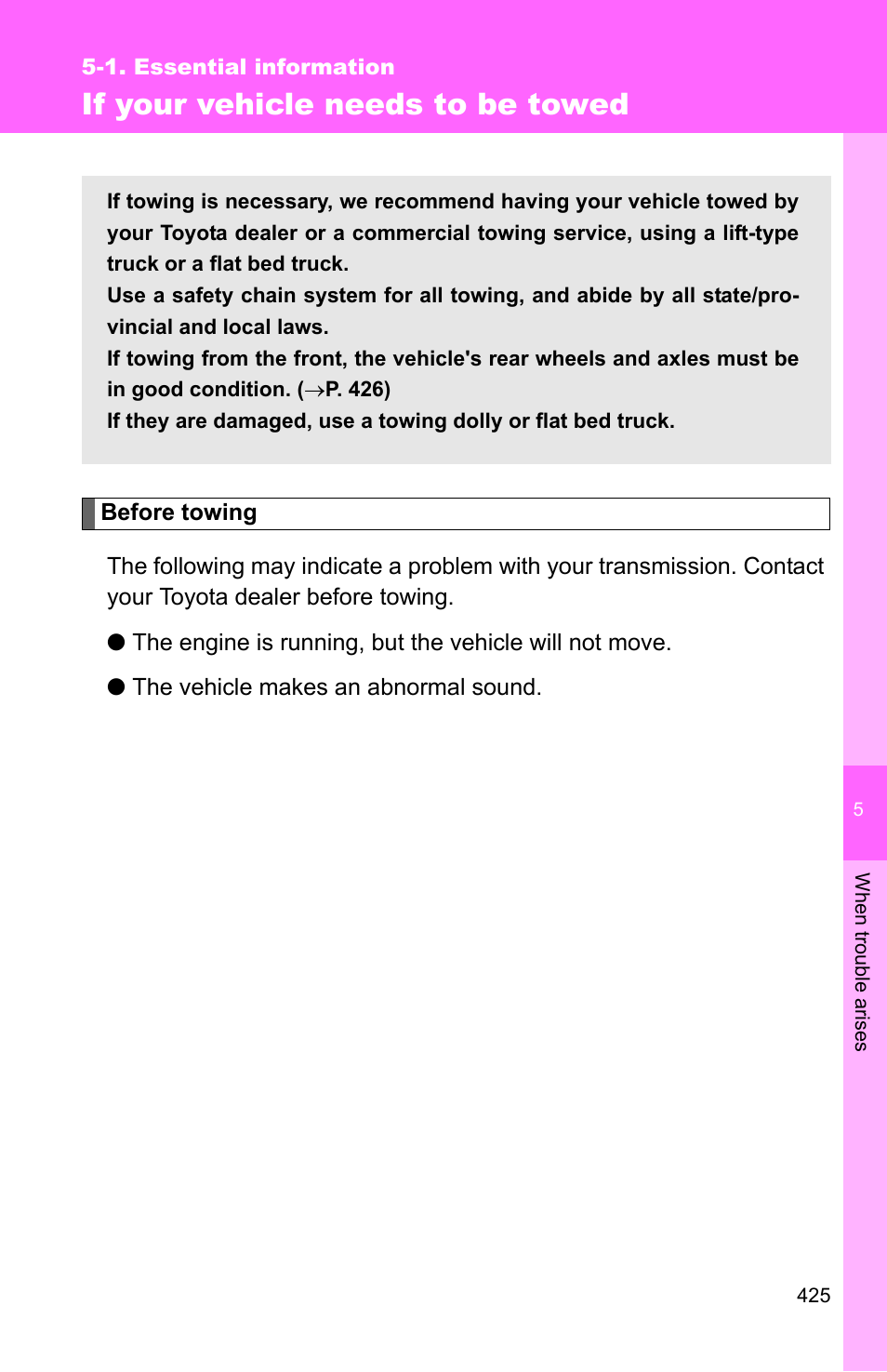 If your vehicle needs to be towed | TOYOTA 2010 Camry User Manual | Page 448 / 555