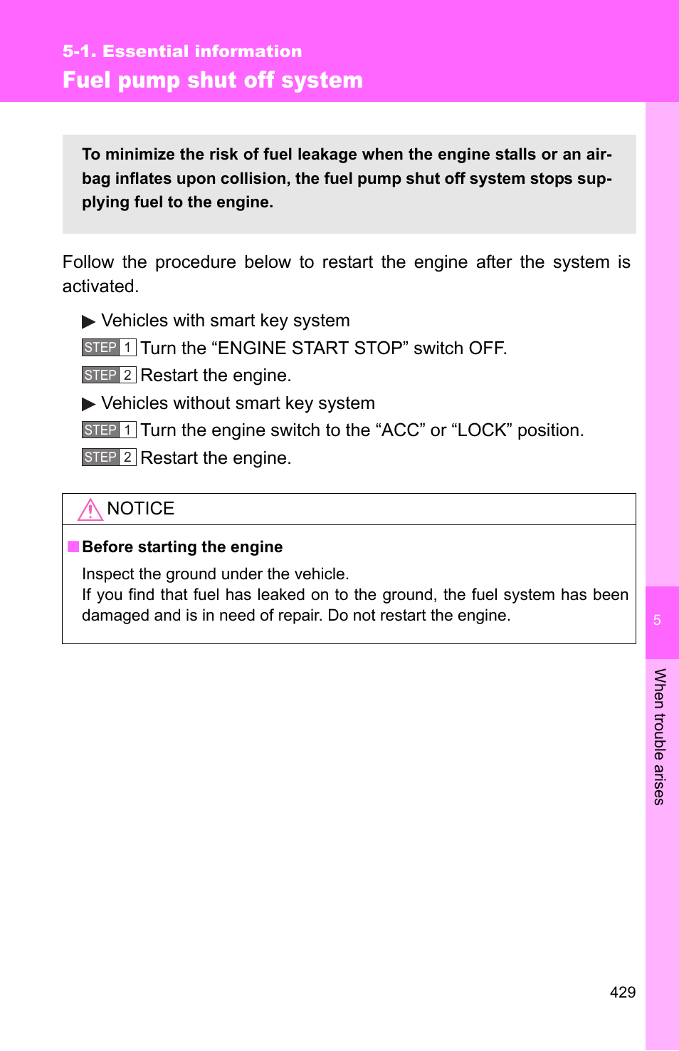 Fuel pump shut off system | TOYOTA 2010 Camry User Manual | Page 452 / 555