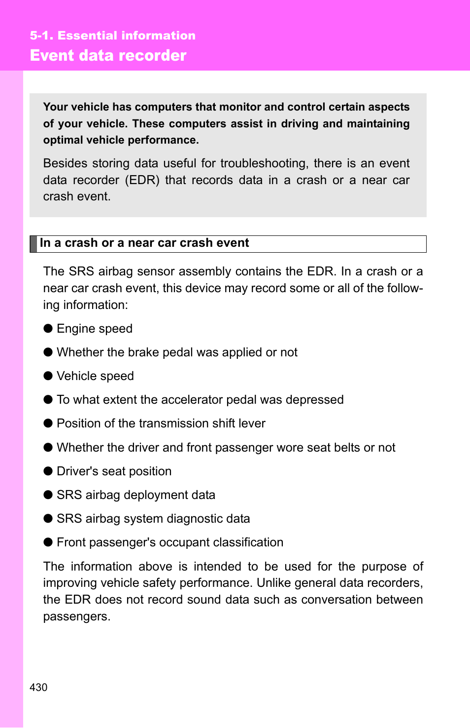 Event data recorder | TOYOTA 2010 Camry User Manual | Page 453 / 555