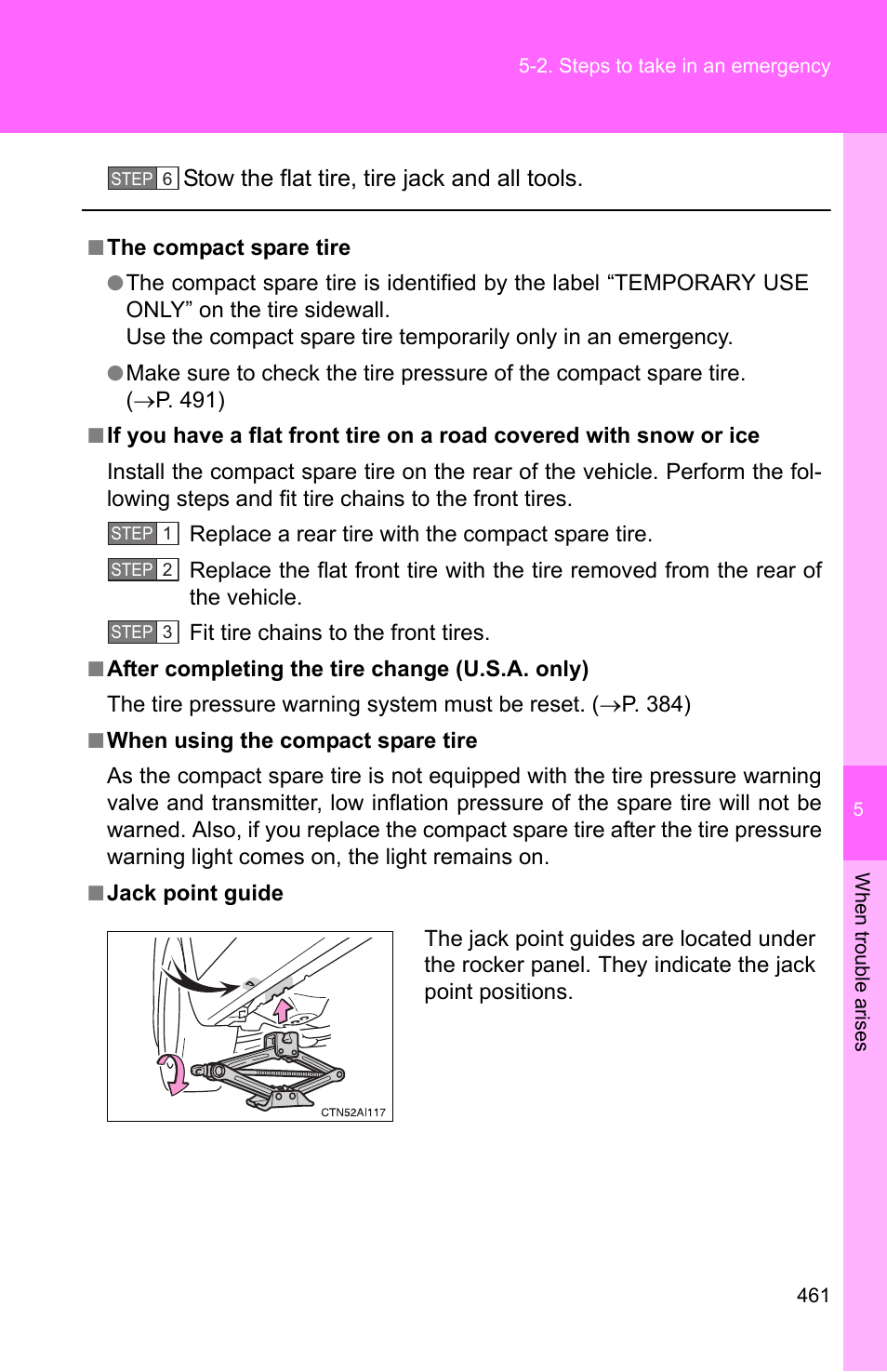 Stow the flat tire, tire jack and all tools | TOYOTA 2010 Camry User Manual | Page 484 / 555