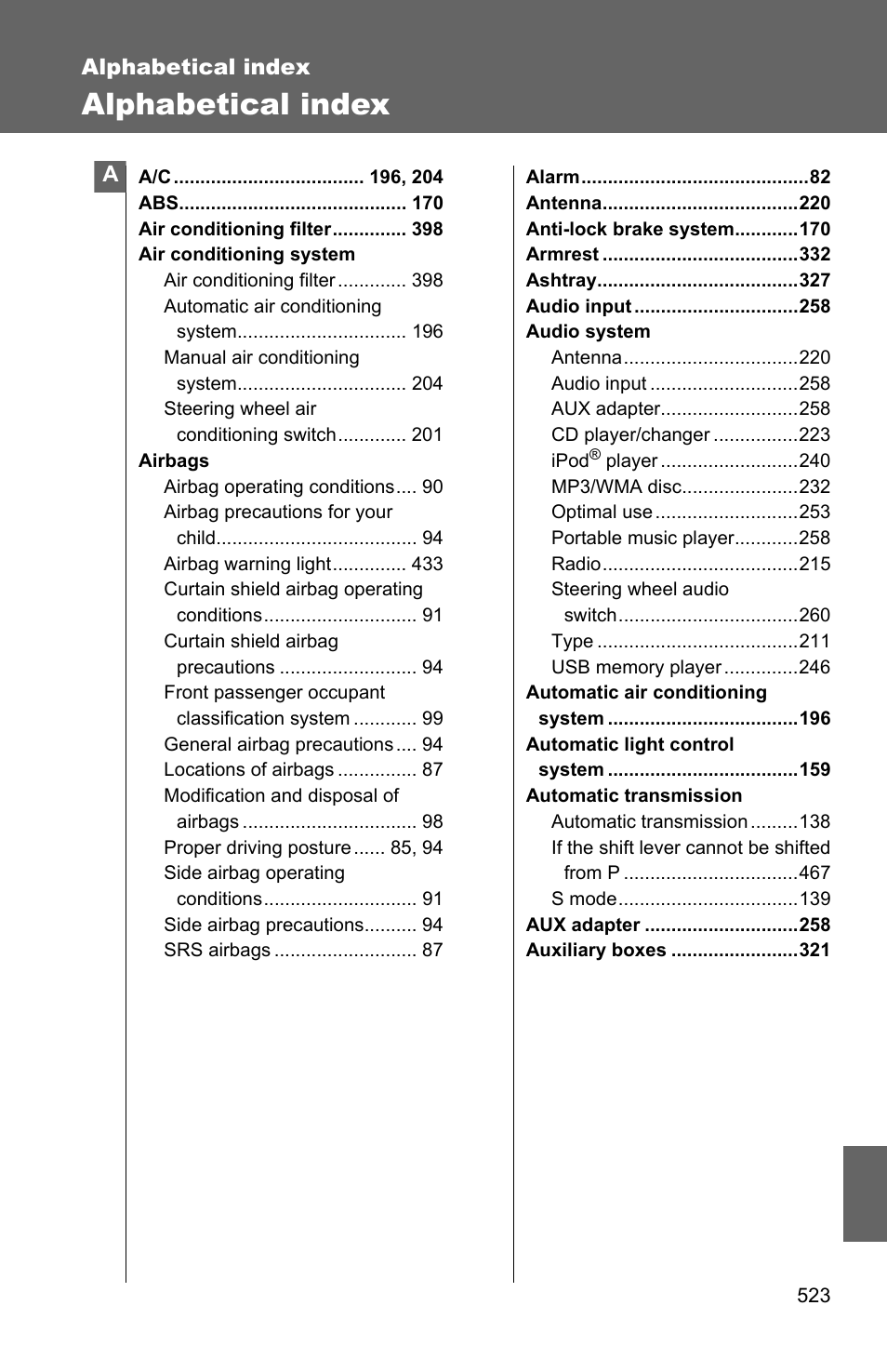 Alphabetical index | TOYOTA 2010 Camry User Manual | Page 542 / 555