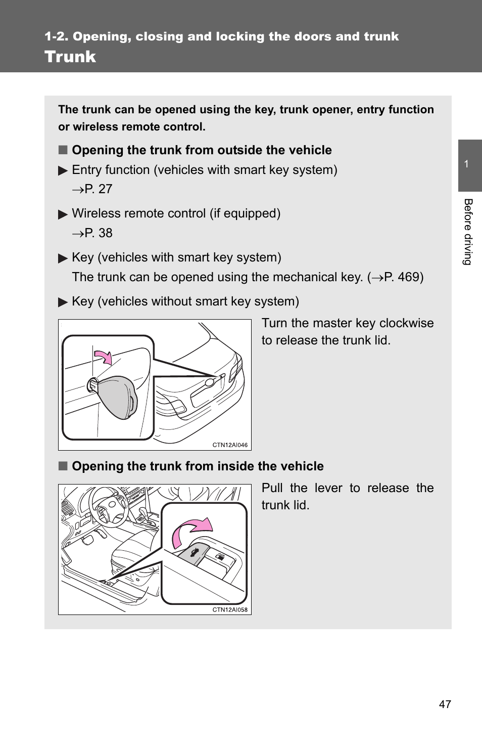 Trunk | TOYOTA 2010 Camry User Manual | Page 73 / 555