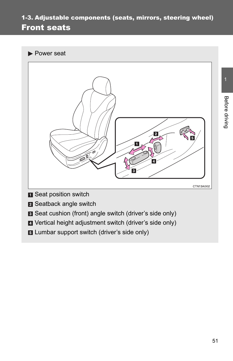 Front seats | TOYOTA 2010 Camry User Manual | Page 77 / 555