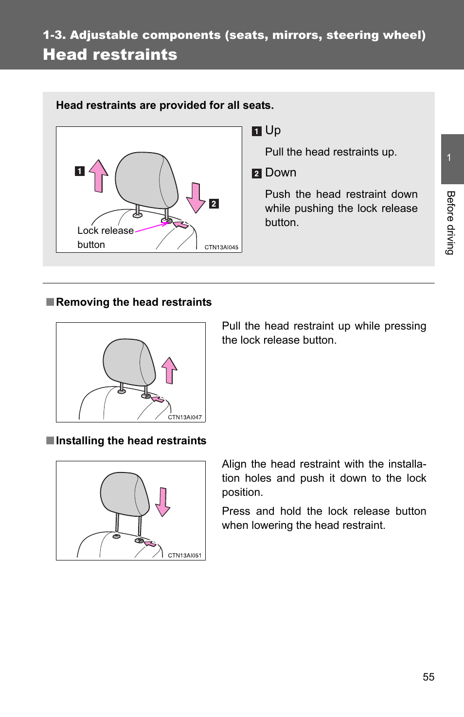 Head restraints | TOYOTA 2010 Camry User Manual | Page 81 / 555