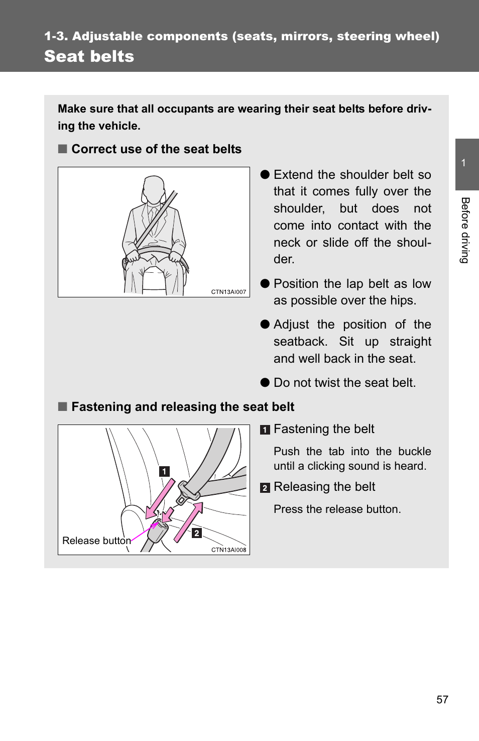 Seat belts | TOYOTA 2010 Camry User Manual | Page 83 / 555