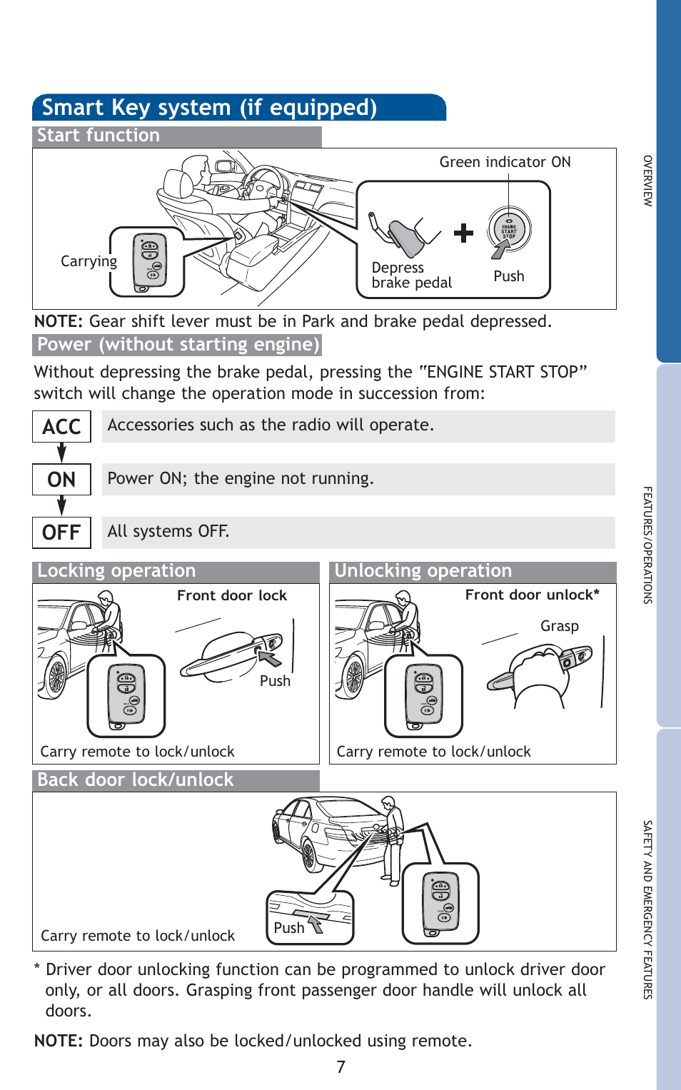 Smart key system (if equipped), Acc on off, Start function | Locking operation unlocking operation | TOYOTA 2010 Camry User Manual | Page 9 / 555