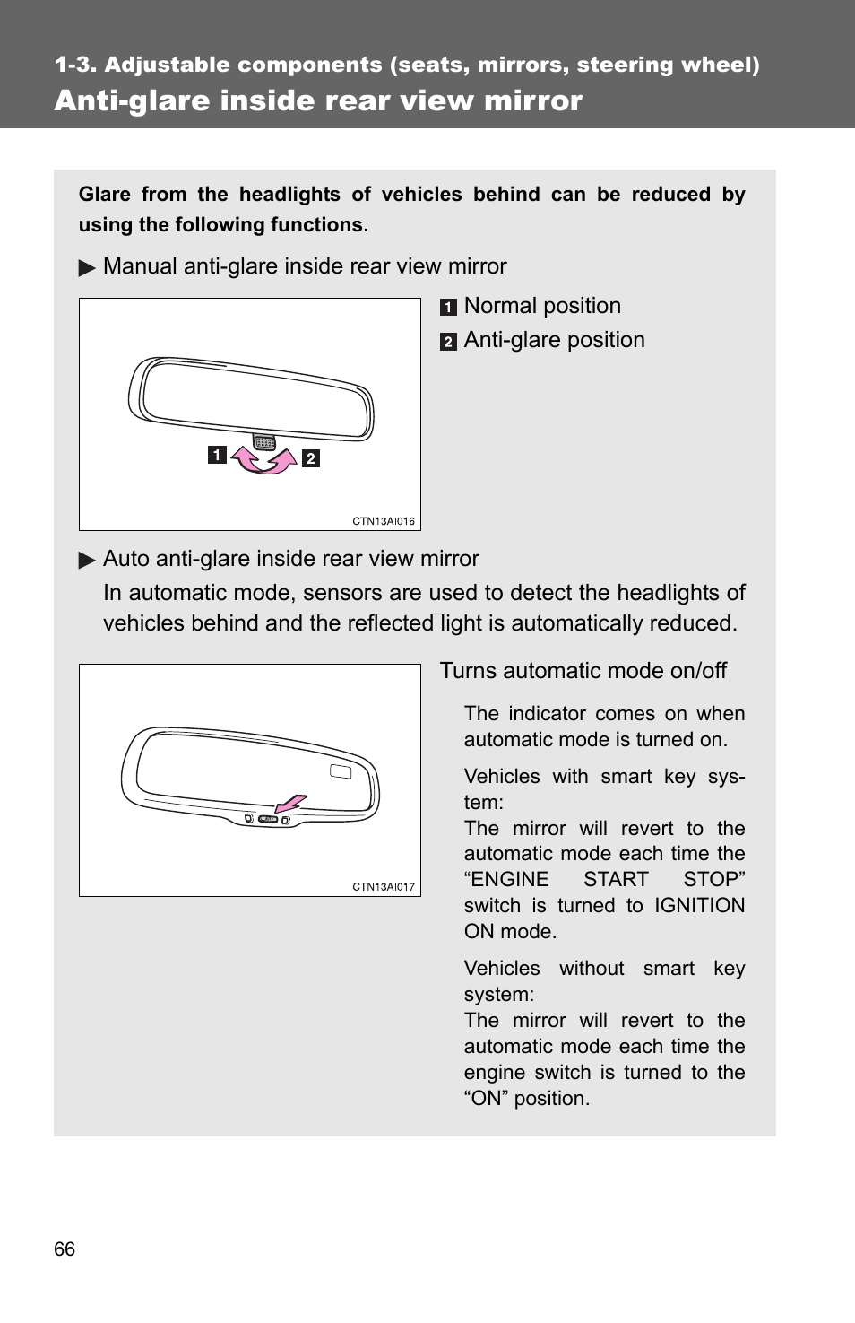 Anti-glare inside rear view mirror | TOYOTA 2010 Camry User Manual | Page 92 / 555