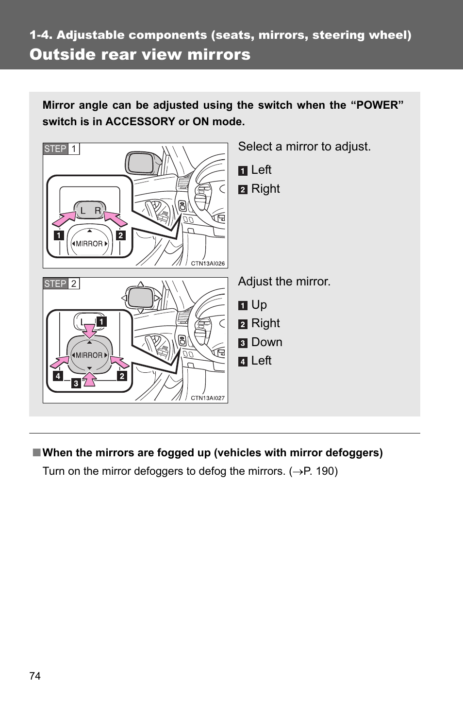 Outside rear view mirrors | TOYOTA 2010 Camry HV User Manual | Page 100 / 494