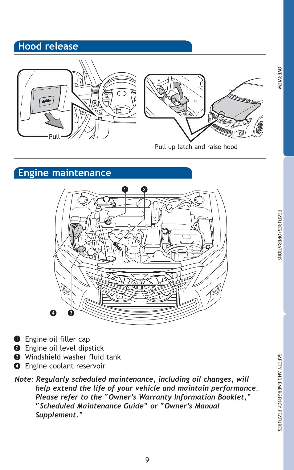 Hood release, Engine maintenance | TOYOTA 2010 Camry HV User Manual | Page 11 / 494