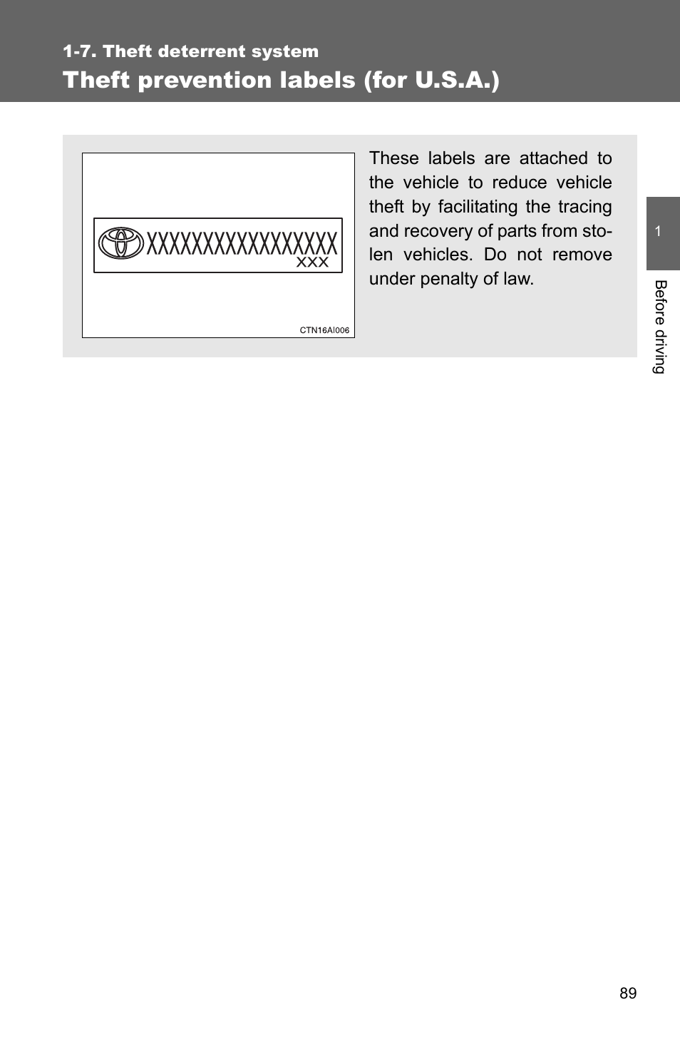 Theft prevention labels (for u.s.a.) | TOYOTA 2010 Camry HV User Manual | Page 115 / 494