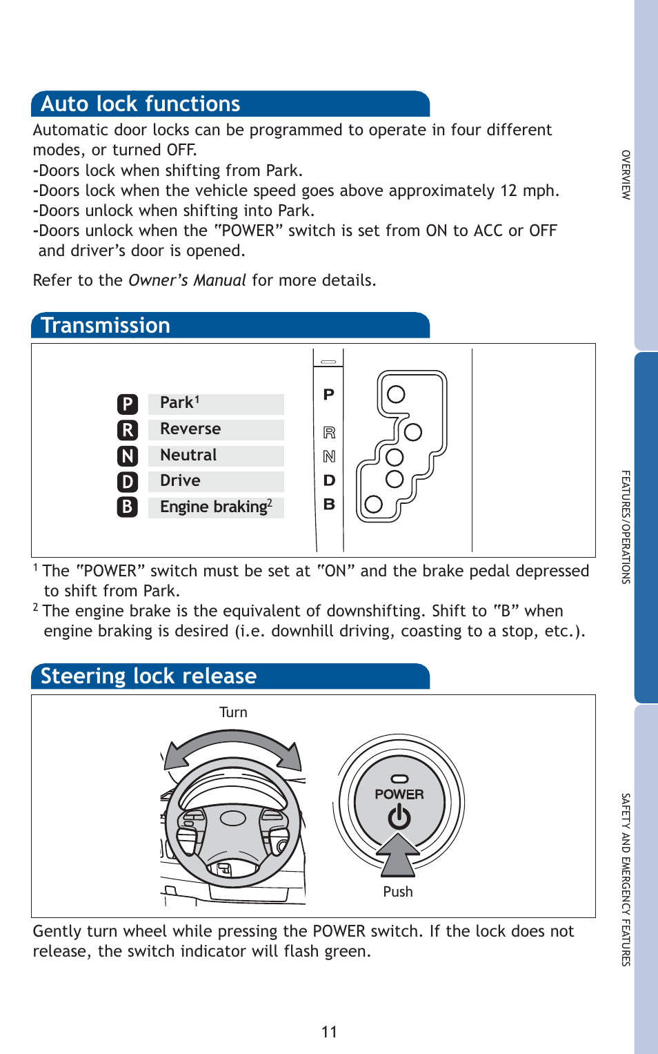 Transmission, Steering lock release, Auto lock functions | TOYOTA 2010 Camry HV User Manual | Page 13 / 494