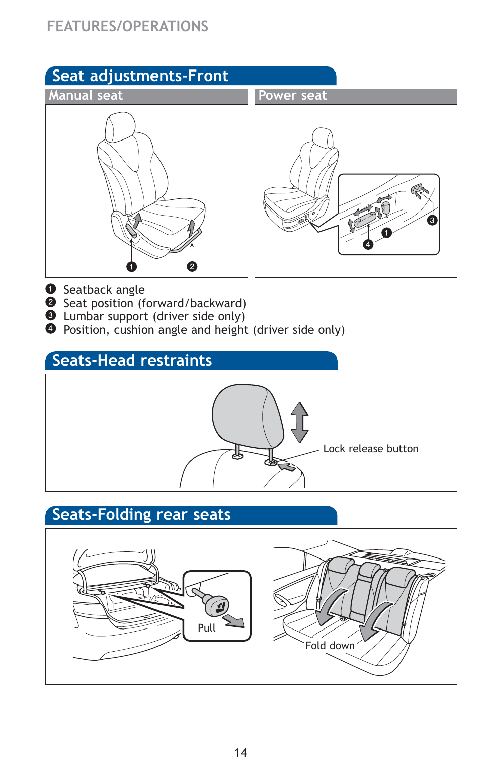 Seat adjustments-front, Seats-head restraints, Seats-folding rear seats | TOYOTA 2010 Camry HV User Manual | Page 16 / 494