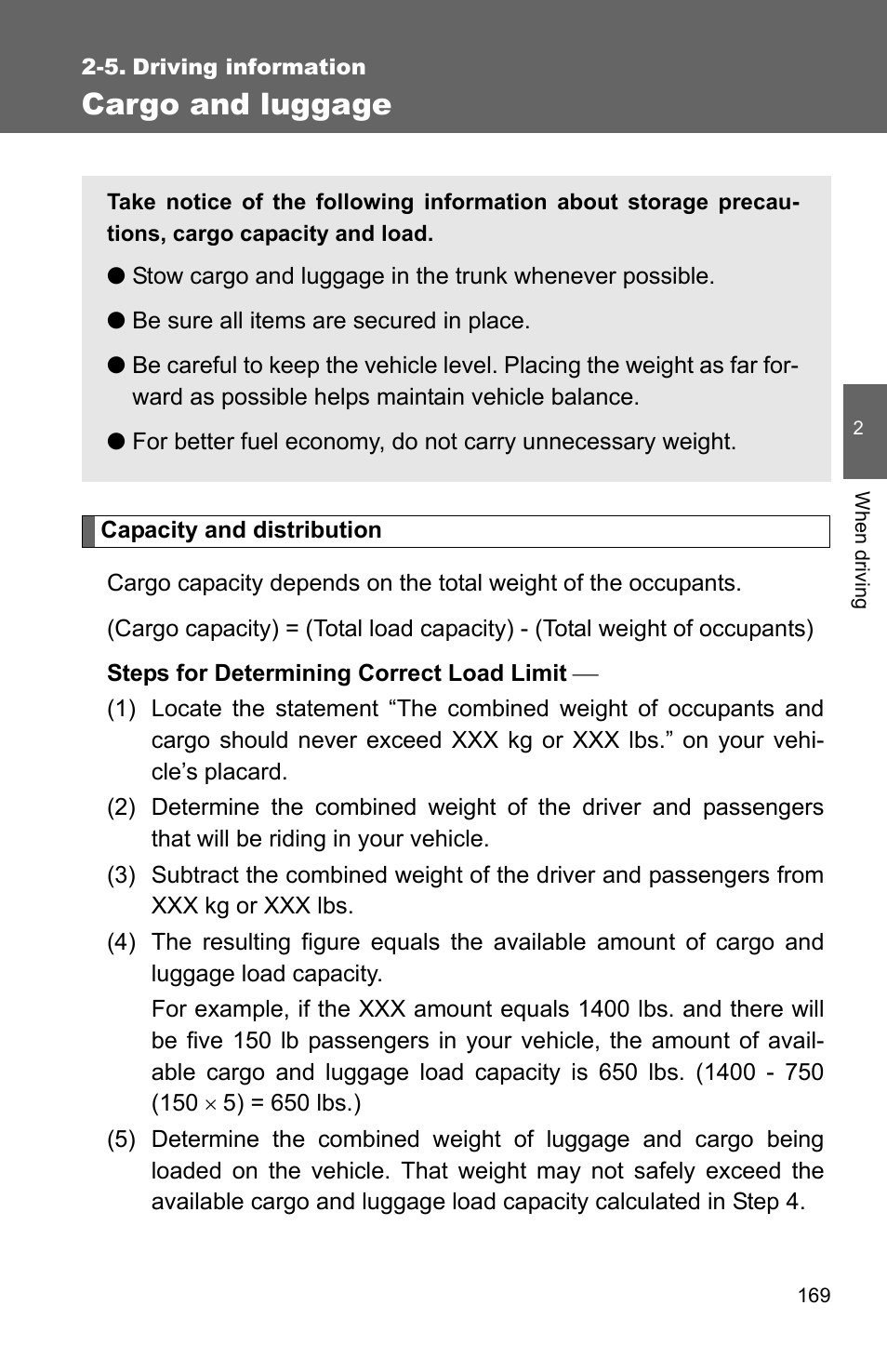 5. driving information, Cargo and luggage | TOYOTA 2010 Camry HV User Manual | Page 174 / 494