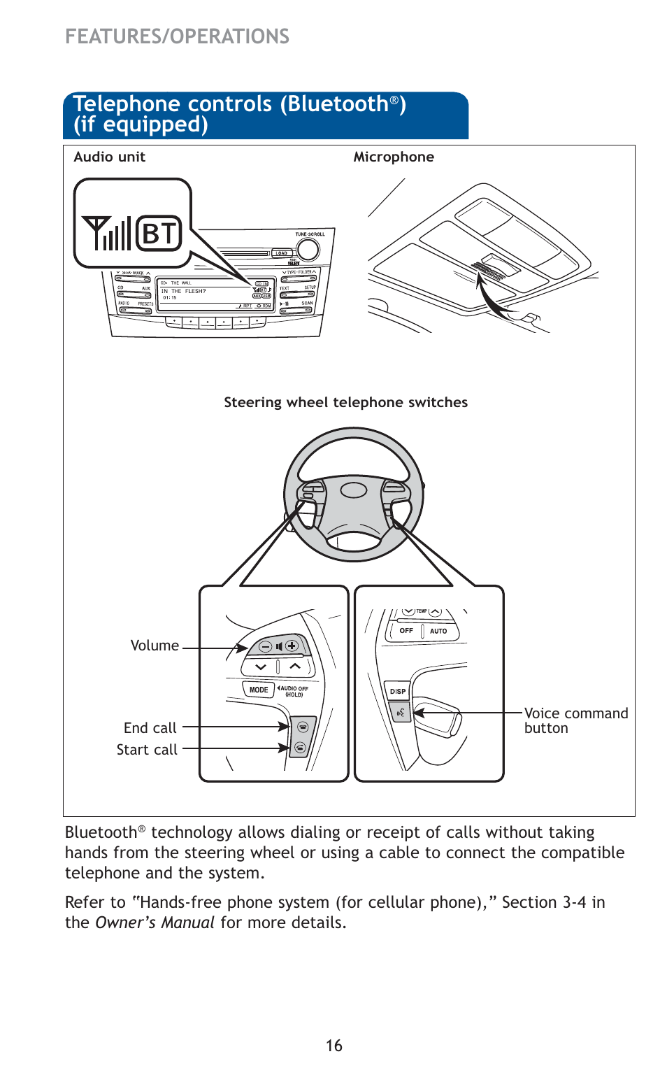 Telephone controls (bluetooth, If equipped), Features/operations | TOYOTA 2010 Camry HV User Manual | Page 18 / 494