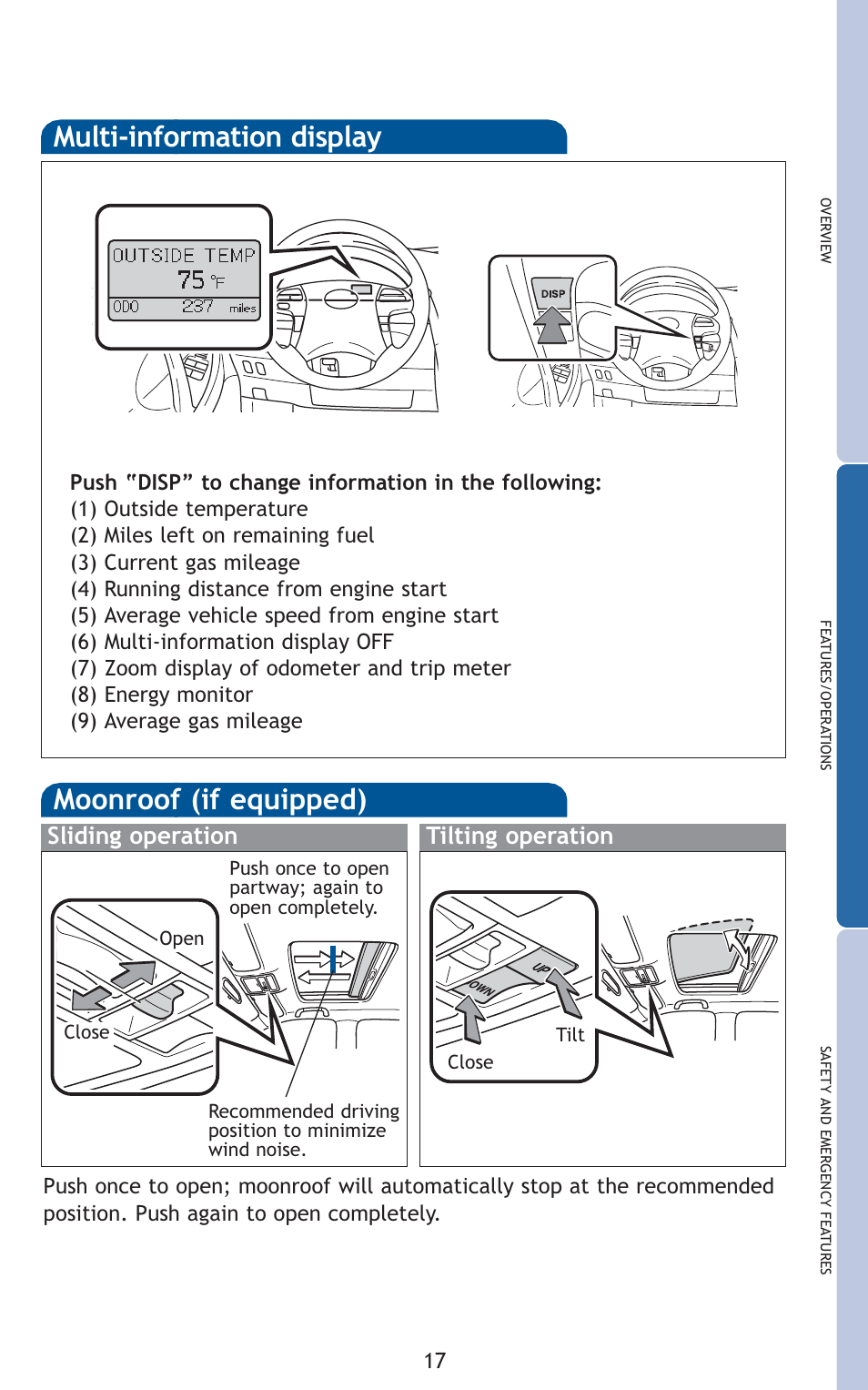 Moonroof (if equipped), Multi-information display, Sliding operation tilting operation | TOYOTA 2010 Camry HV User Manual | Page 19 / 494