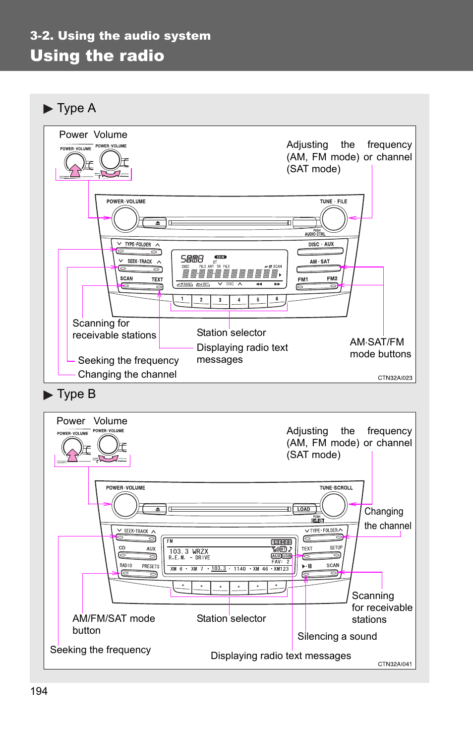 P. 194, Using the radio, Type a type b | TOYOTA 2010 Camry HV User Manual | Page 198 / 494