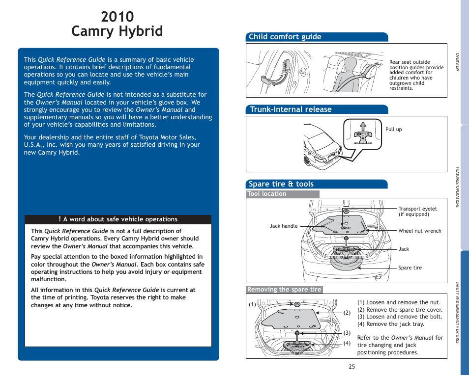 2010 camry hybrid, Child comfort guide spare tire & tools, Trunk-internal release | TOYOTA 2010 Camry HV User Manual | Page 2 / 494