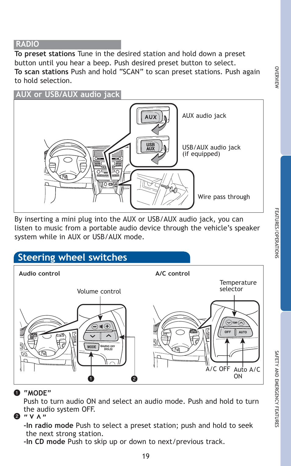 Steering wheel switches, Radio, Aux or usb/aux audio jack | TOYOTA 2010 Camry HV User Manual | Page 21 / 494