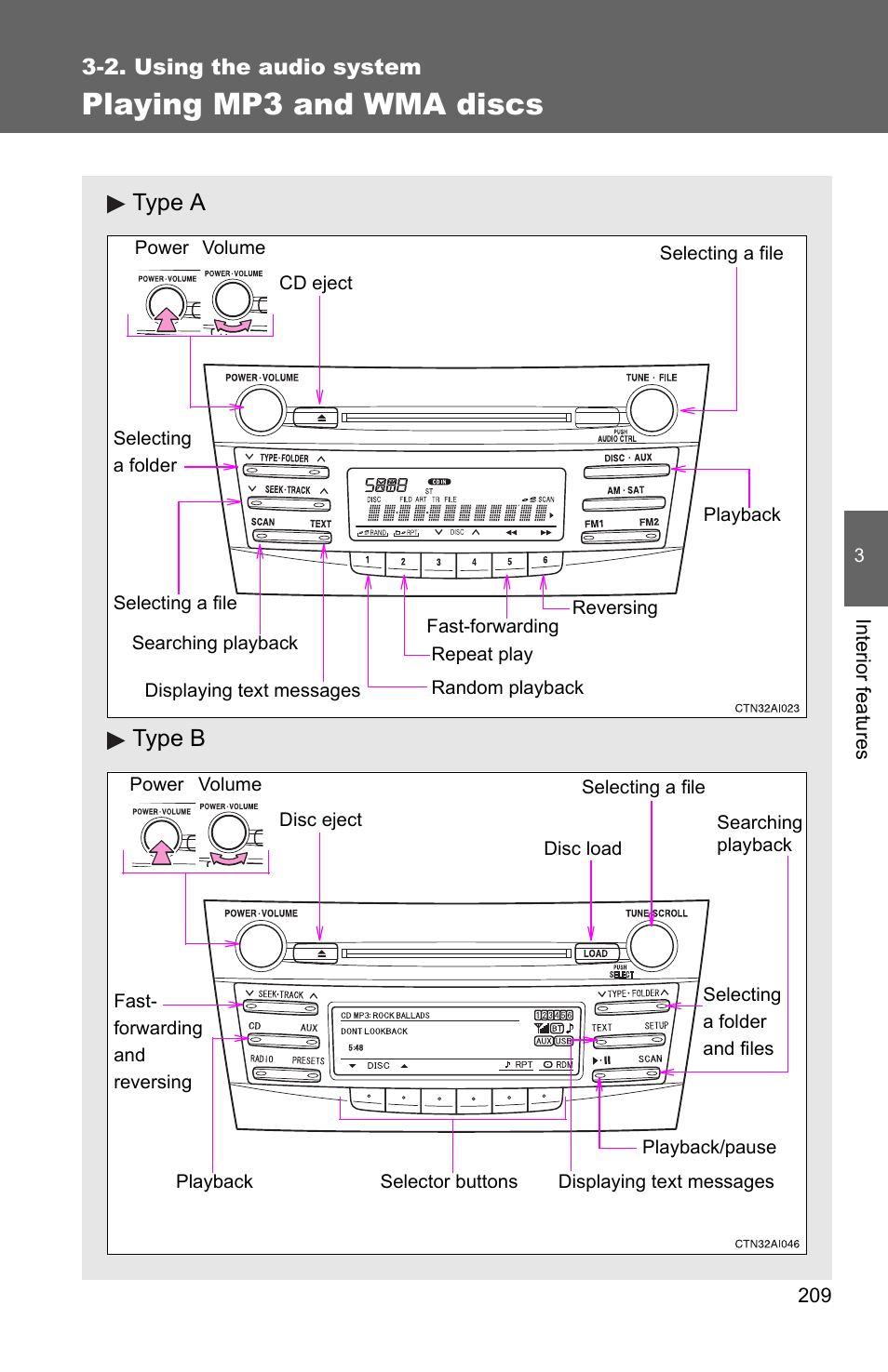P. 209, Playing mp3 and wma discs, Type a type b | TOYOTA 2010 Camry HV User Manual | Page 213 / 494