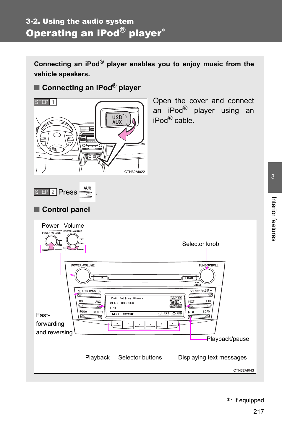 P. 217, Operating an ipod, Player | TOYOTA 2010 Camry HV User Manual | Page 221 / 494