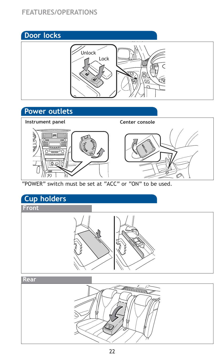 Door locks, Power outlets, Cup holders | TOYOTA 2010 Camry HV User Manual | Page 24 / 494