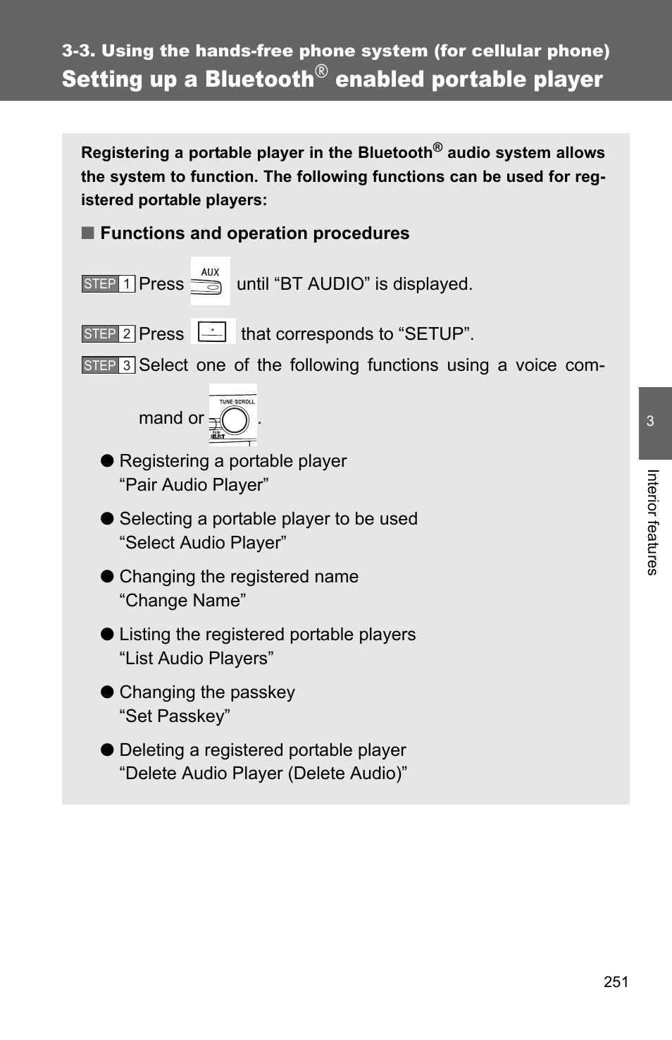 P. 251, Setting up a bluetooth, Enabled portable player | TOYOTA 2010 Camry HV User Manual | Page 255 / 494