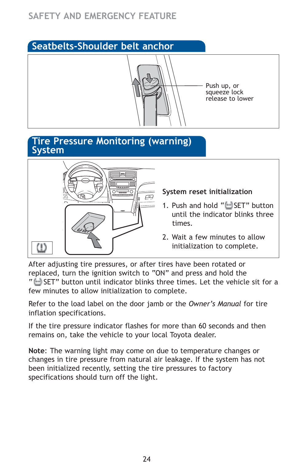 Safety and emergency feature | TOYOTA 2010 Camry HV User Manual | Page 26 / 494