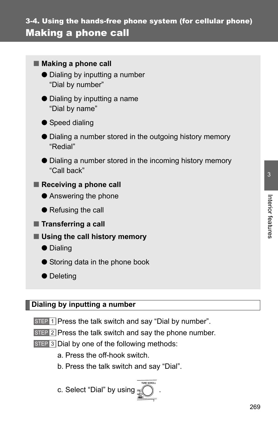 P. 269, Making a phone call | TOYOTA 2010 Camry HV User Manual | Page 273 / 494