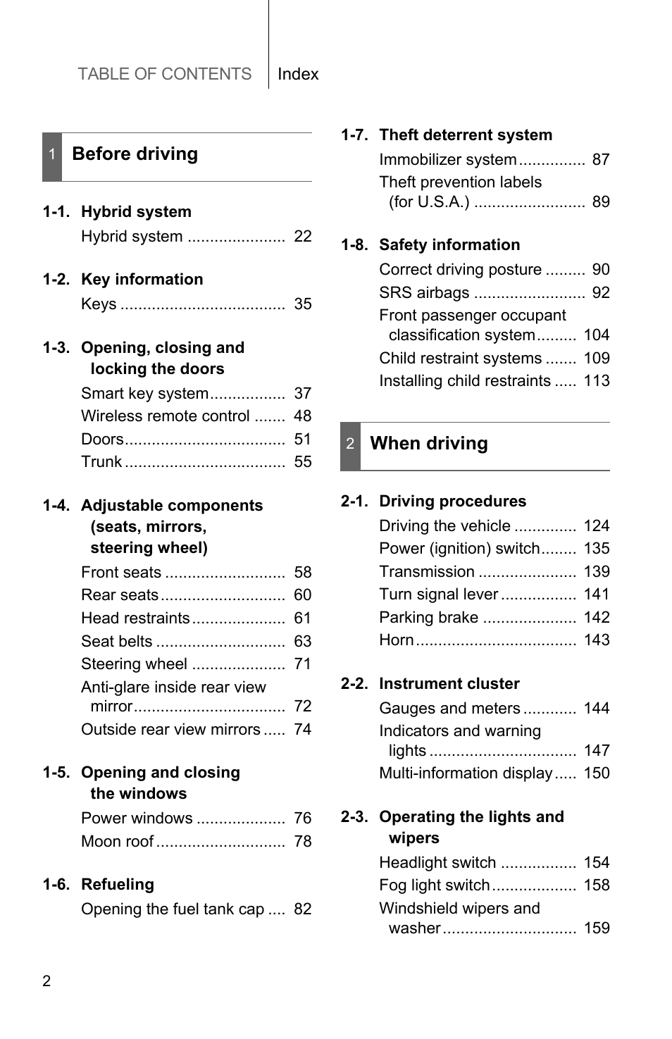 Table of contents index, Before driving, When driving | TOYOTA 2010 Camry HV User Manual | Page 28 / 494