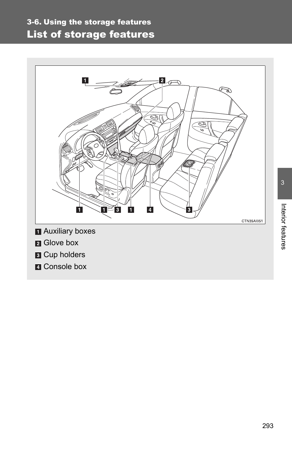 6. using the storage features, List of storage features | TOYOTA 2010 Camry HV User Manual | Page 297 / 494