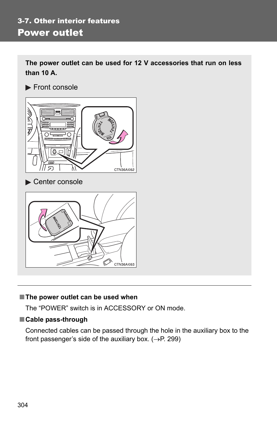 Power outlet | TOYOTA 2010 Camry HV User Manual | Page 308 / 494