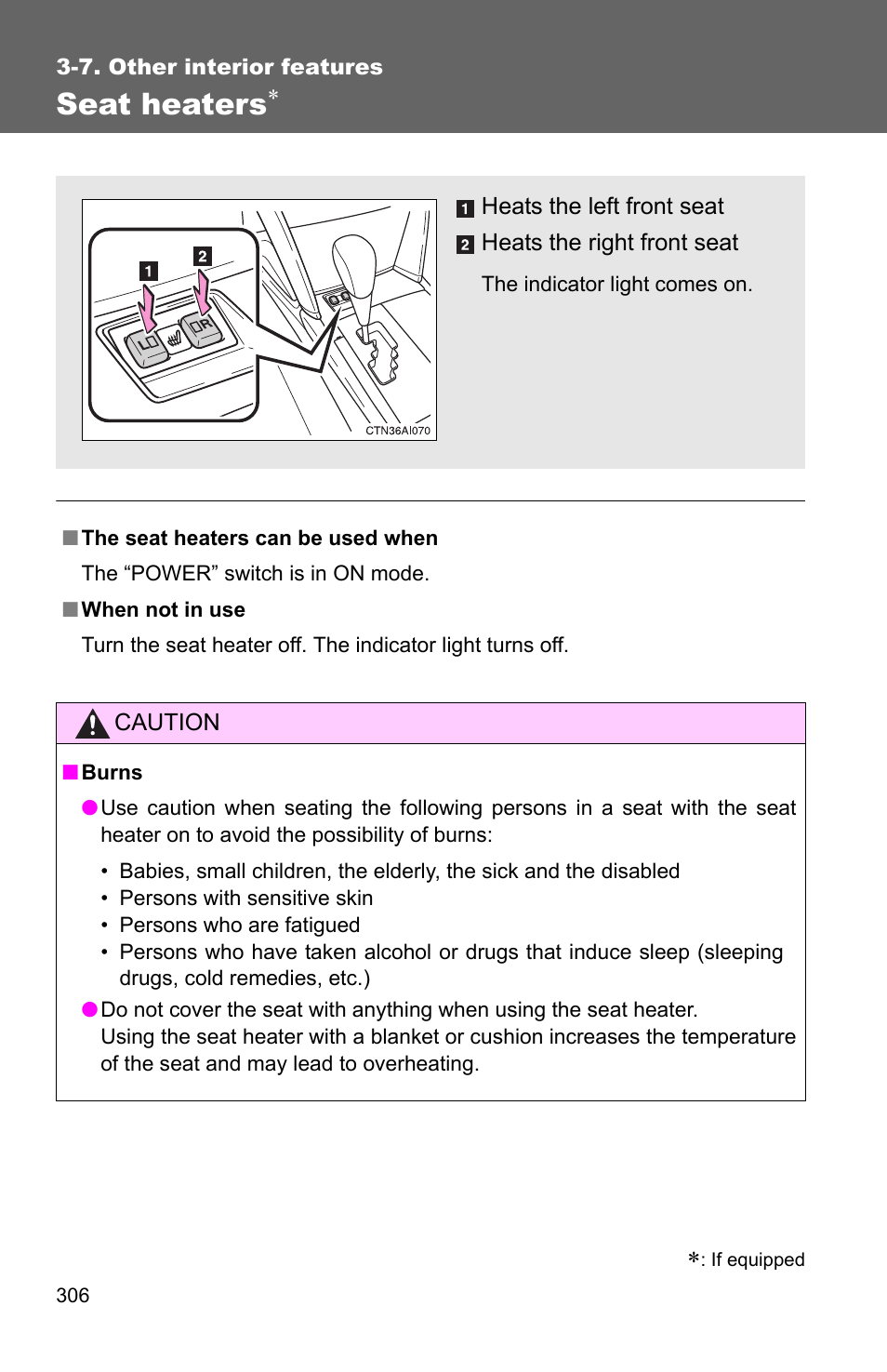 Seat heaters | TOYOTA 2010 Camry HV User Manual | Page 310 / 494