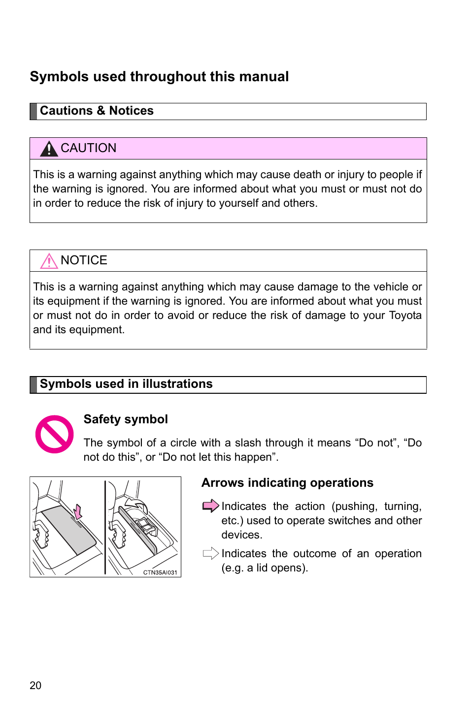 Symbols used throughout this manual | TOYOTA 2010 Camry HV User Manual | Page 36 / 494