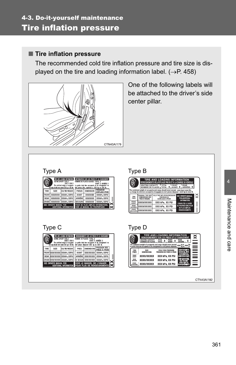 P. 361), Tire inflation pressure | TOYOTA 2010 Camry HV User Manual | Page 364 / 494