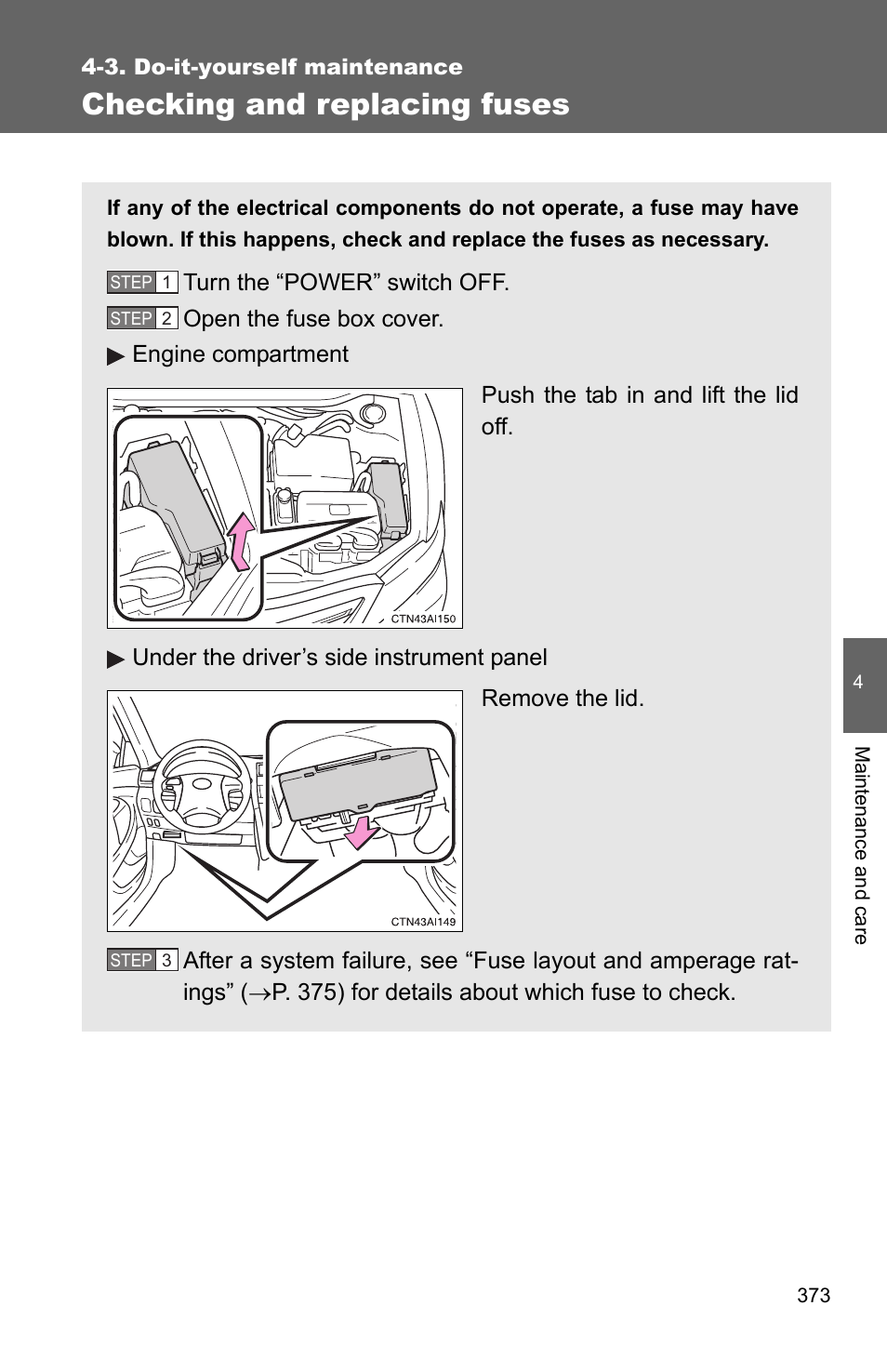 P. 373), P. 373, Checking and replacing fuses | TOYOTA 2010 Camry HV User Manual | Page 376 / 494