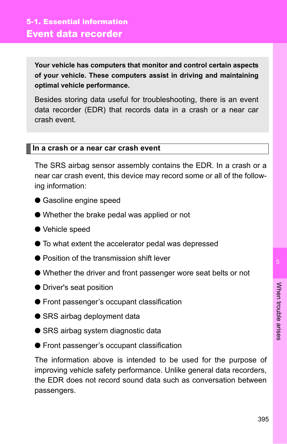 Event data recorder | TOYOTA 2010 Camry HV User Manual | Page 397 / 494