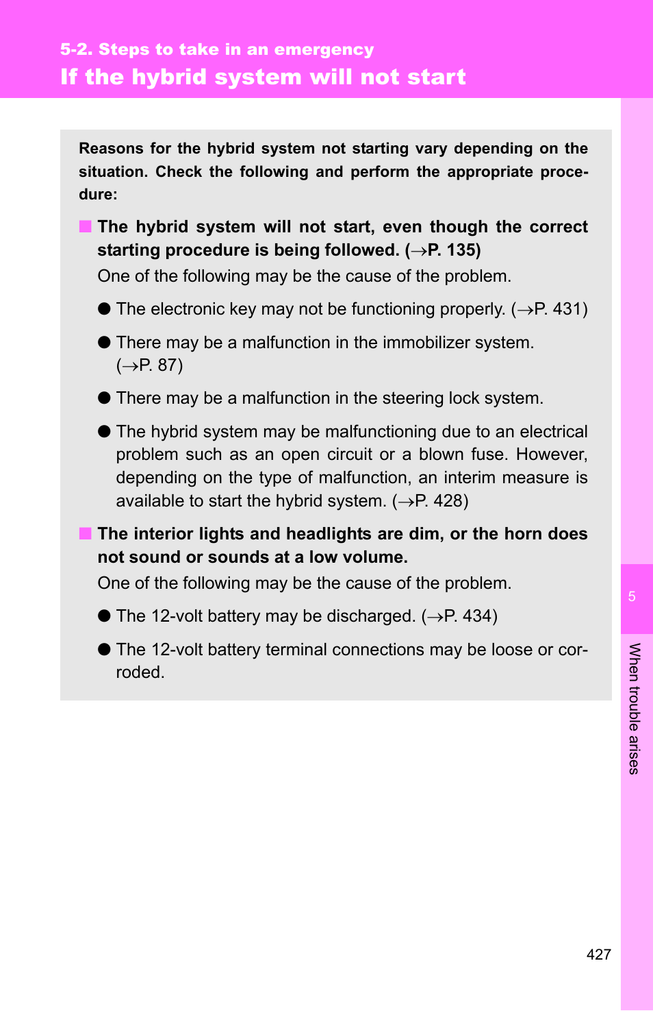 If the hybrid system will not start | TOYOTA 2010 Camry HV User Manual | Page 429 / 494