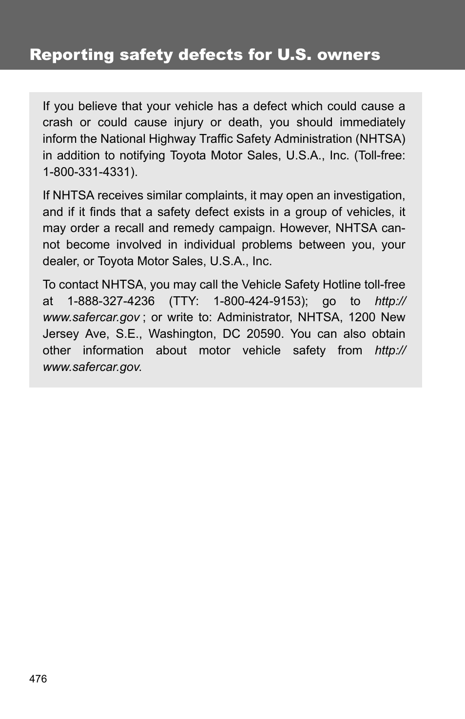 Reporting safety defects for u.s. owners | TOYOTA 2010 Camry HV User Manual | Page 476 / 494