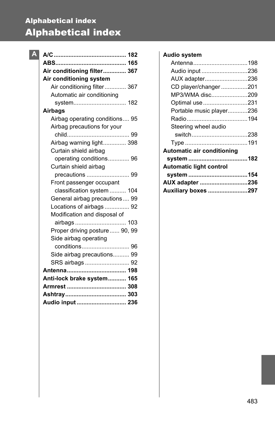 Alphabetical index | TOYOTA 2010 Camry HV User Manual | Page 481 / 494